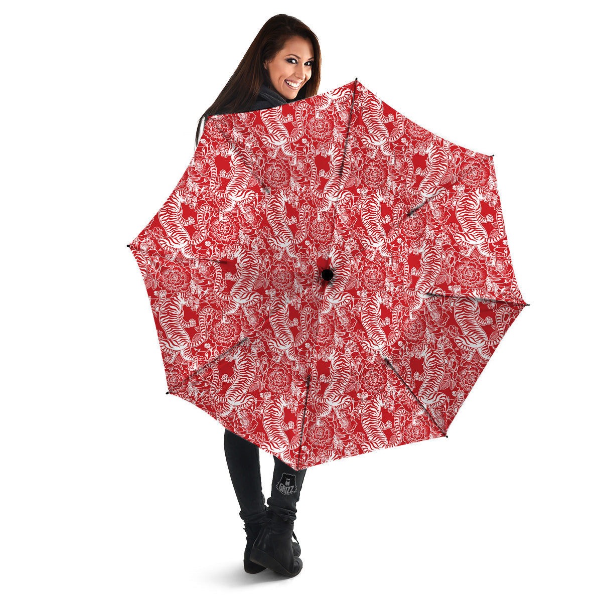 Red And White Chinese Tiger Print Pattern Umbrella-grizzshop