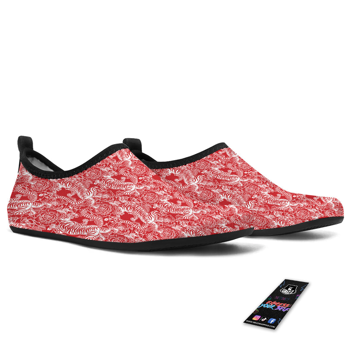 Red And White Chinese Tiger Print Pattern Water Shoes-grizzshop