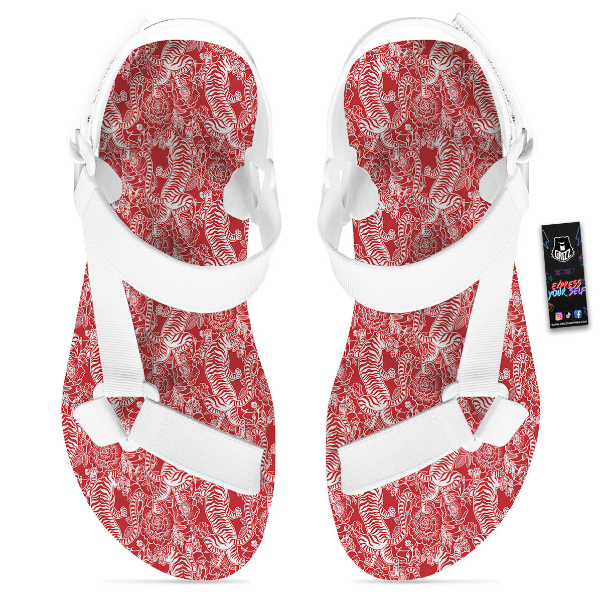 Red And White Chinese Tiger Print Pattern White Open Toe Sandals-grizzshop