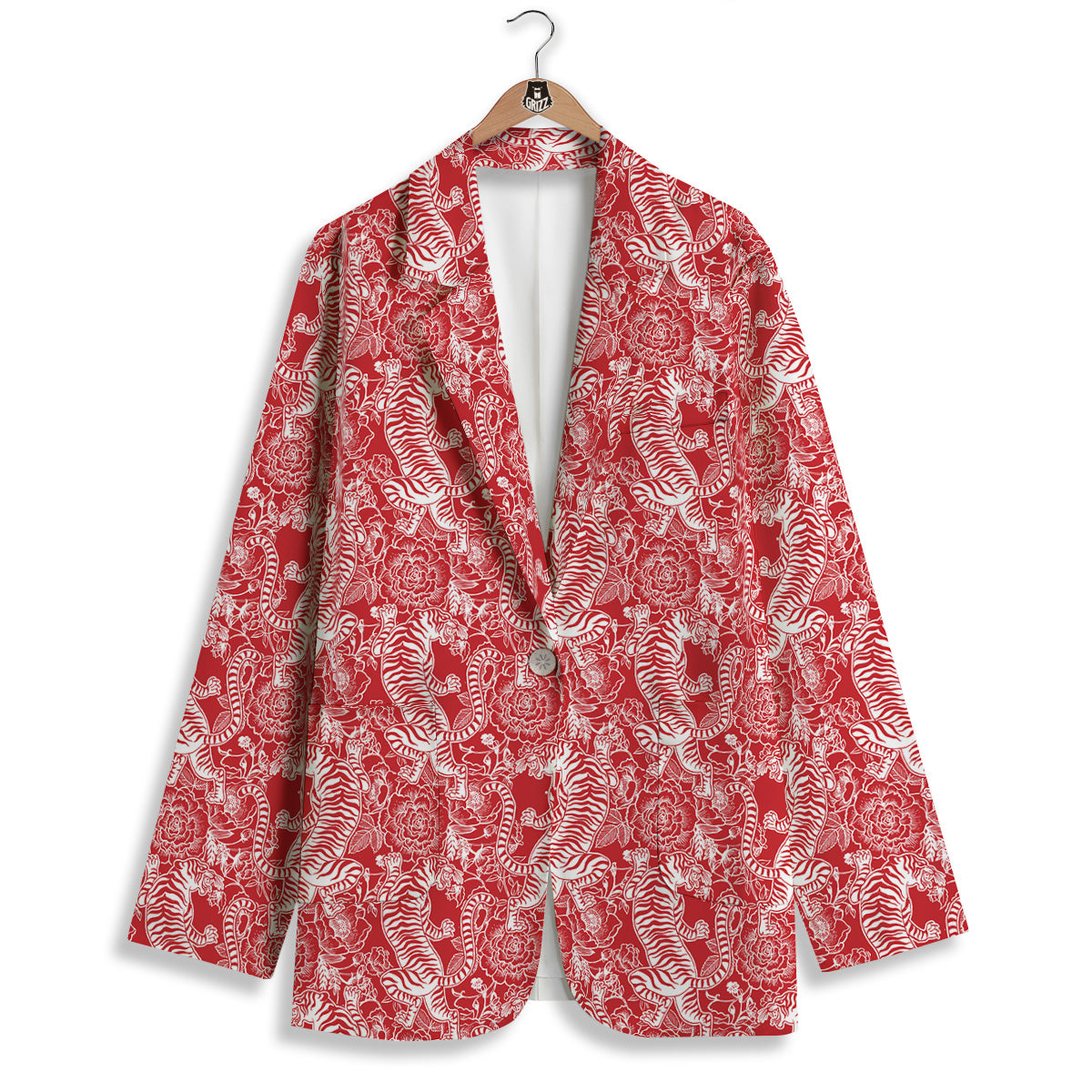 Red And White Chinese Tiger Print Pattern Women's Blazer-grizzshop