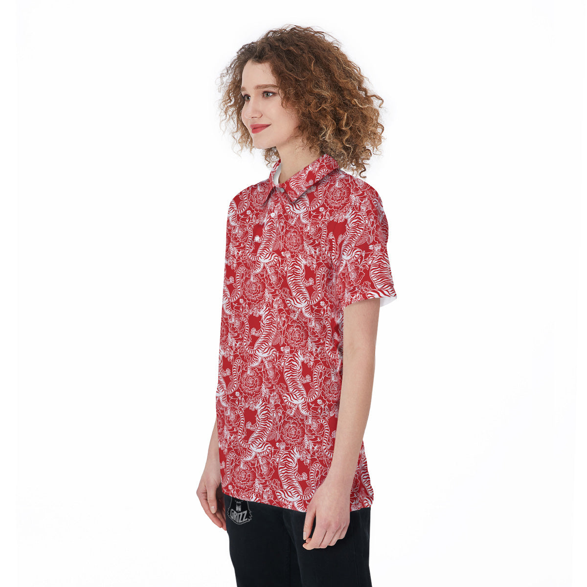 Red And White Chinese Tiger Print Pattern Women's Golf Shirts-grizzshop