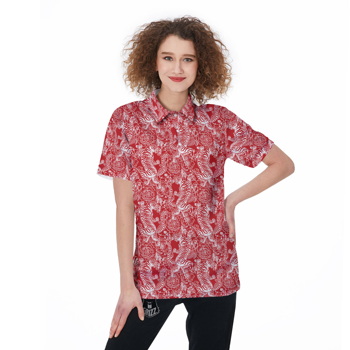 Red And White Chinese Tiger Print Pattern Women's Golf Shirts-grizzshop