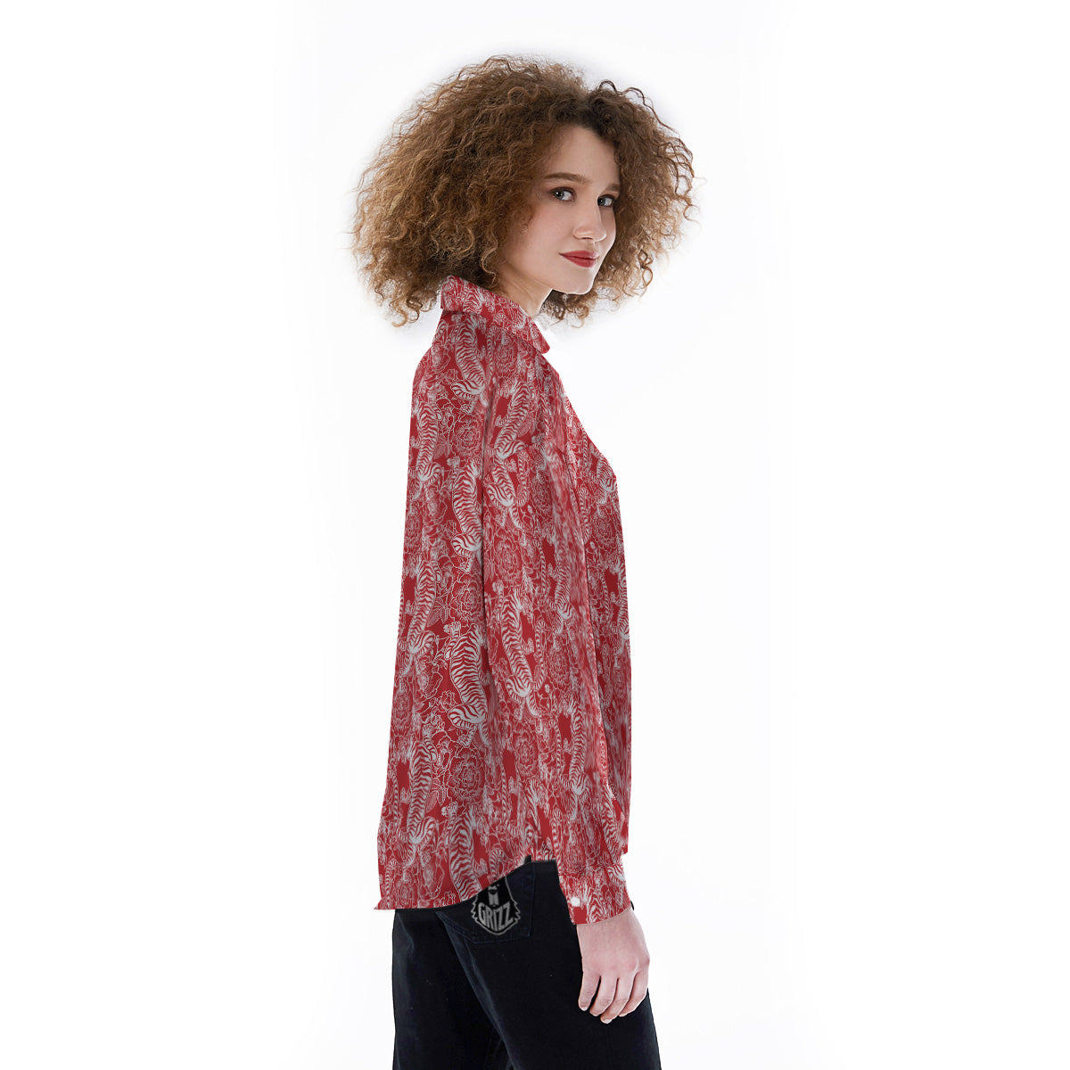 Red And White Chinese Tiger Print Pattern Women's Long Sleeve Shirts-grizzshop