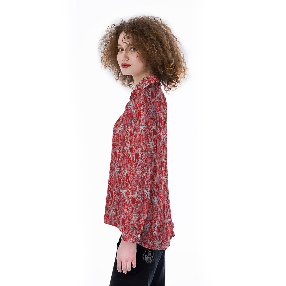 Red And White Chinese Tiger Print Pattern Women's Long Sleeve Shirts-grizzshop
