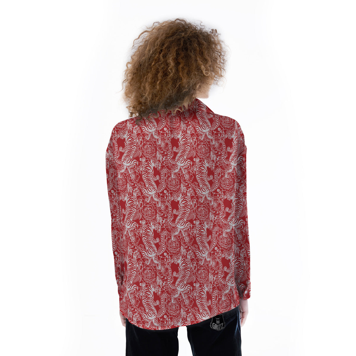 Red And White Chinese Tiger Print Pattern Women's Long Sleeve Shirts-grizzshop