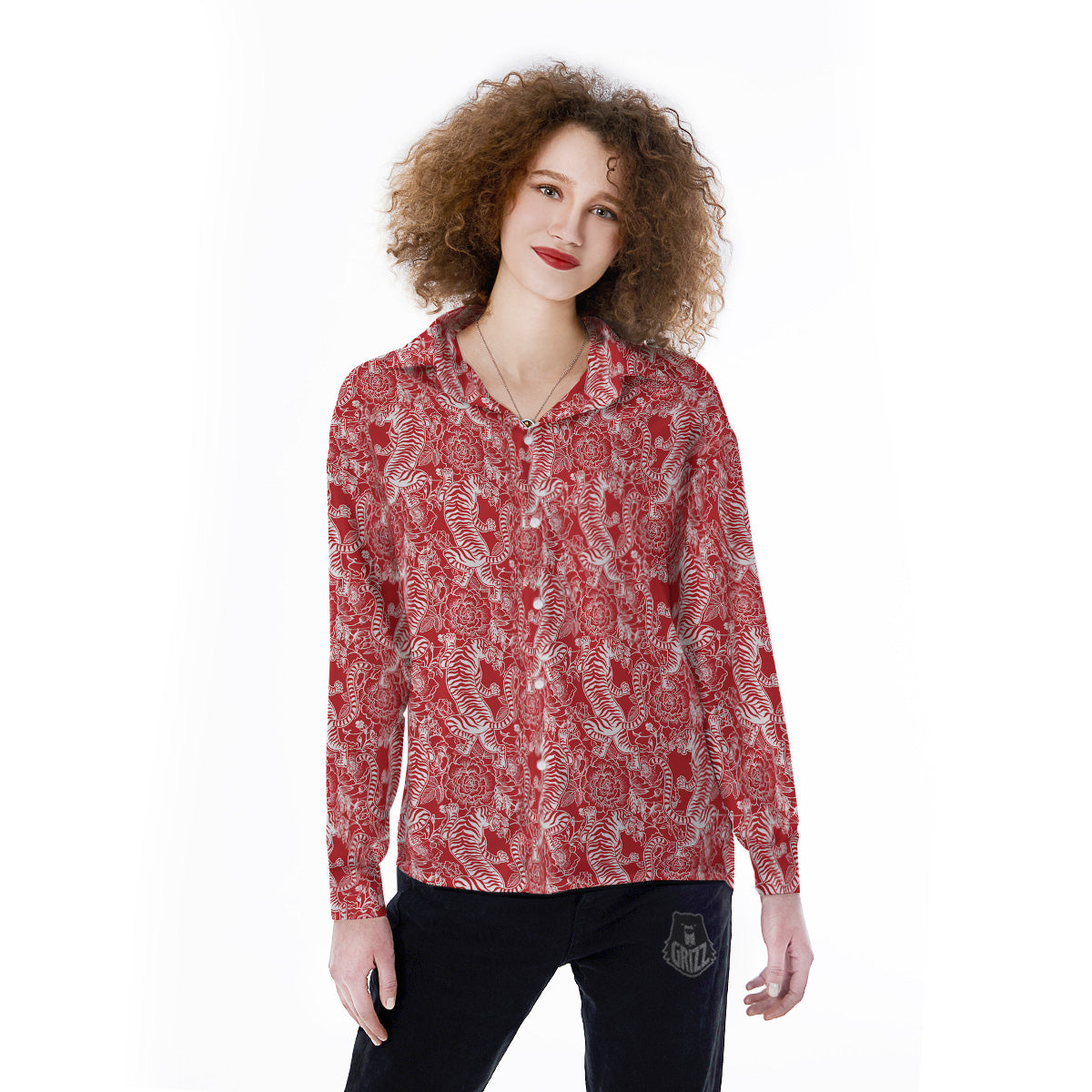 Red And White Chinese Tiger Print Pattern Women's Long Sleeve Shirts-grizzshop