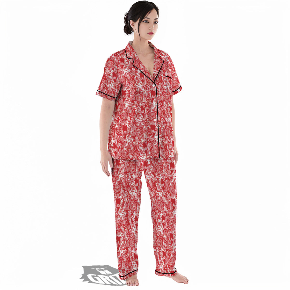 Red And White Chinese Tiger Print Pattern Women's Pajamas Set-grizzshop