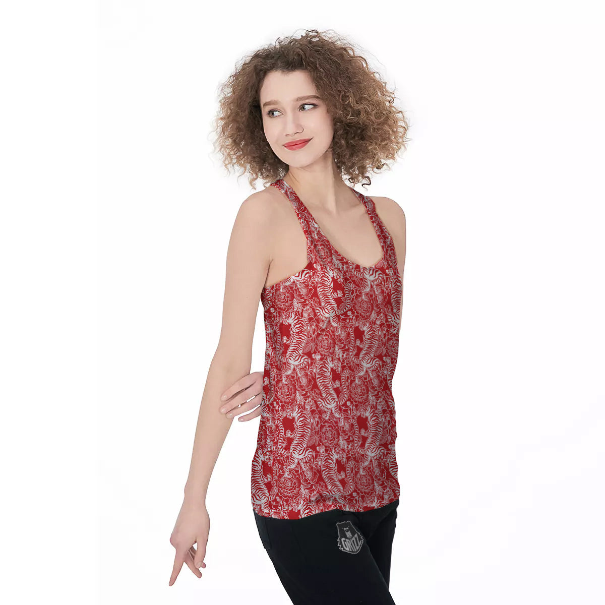 Red And White Chinese Tiger Print Pattern Women's Racerback Tank Top-grizzshop