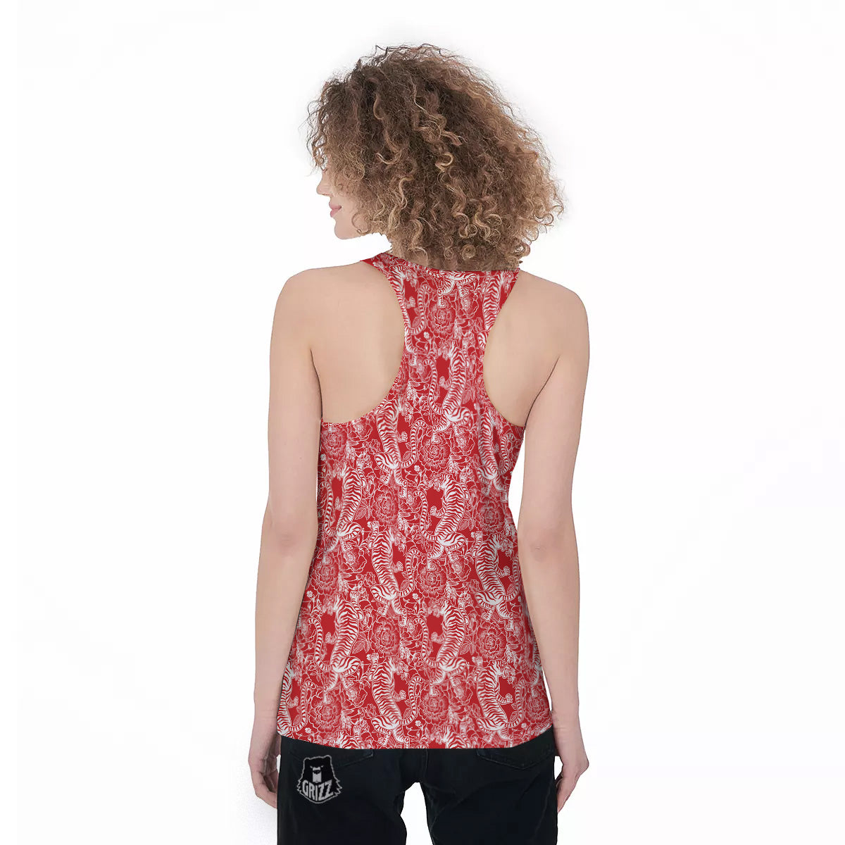 Red And White Chinese Tiger Print Pattern Women's Racerback Tank Top-grizzshop