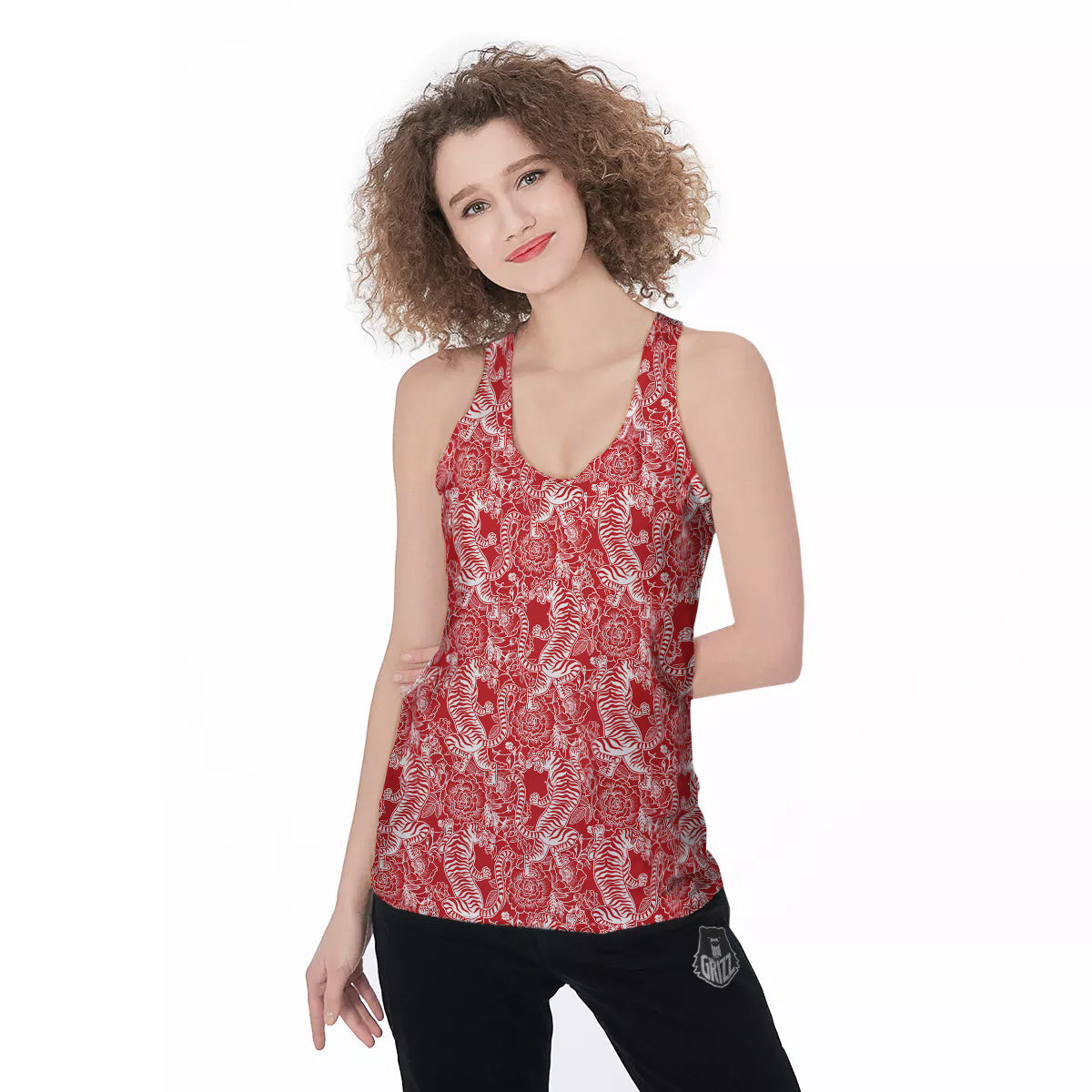 Red And White Chinese Tiger Print Pattern Women's Racerback Tank Top-grizzshop