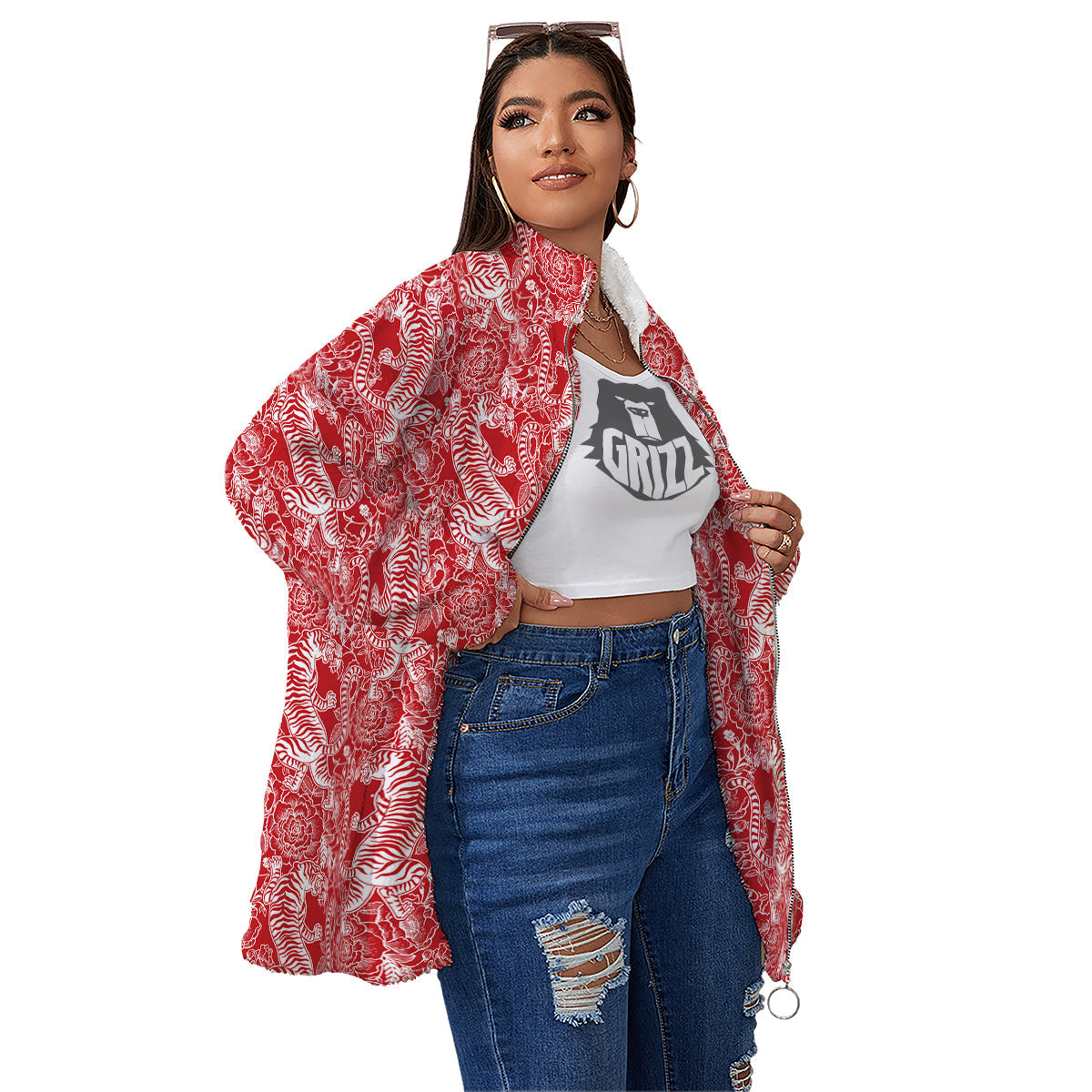 Red And White Chinese Tiger Print Pattern Women's Sherpa Jacket-grizzshop