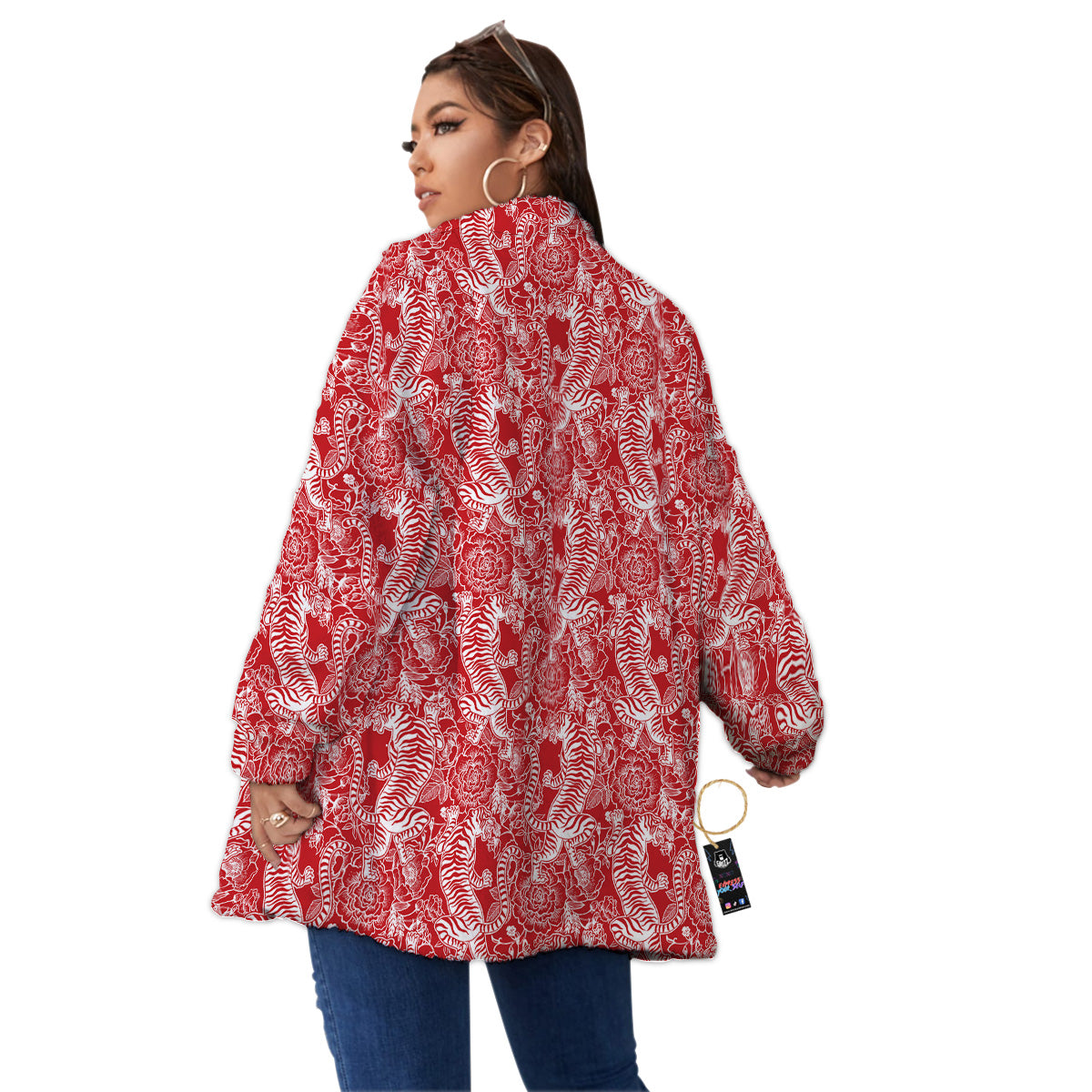 Red And White Chinese Tiger Print Pattern Women's Sherpa Jacket-grizzshop