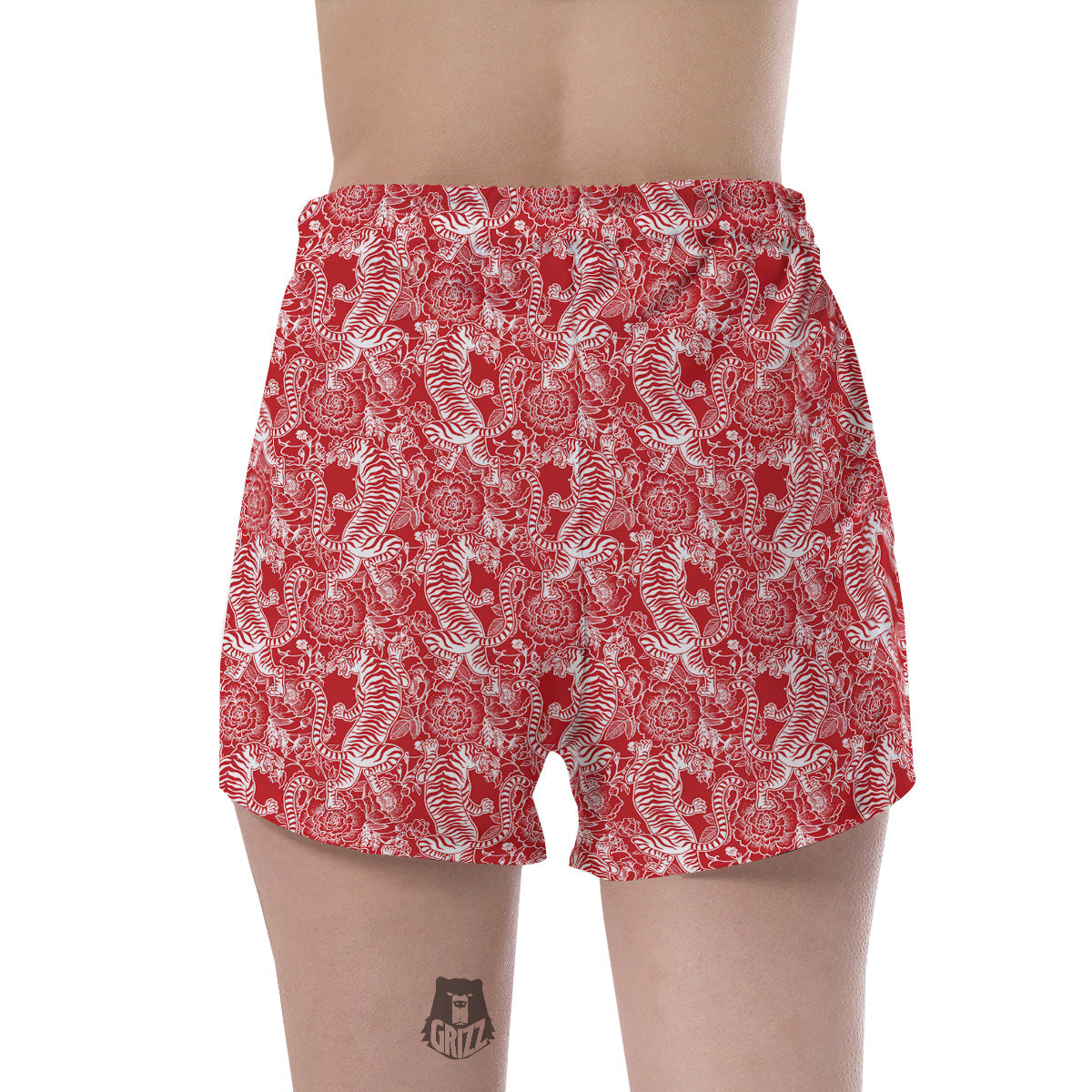 Red And White Chinese Tiger Print Pattern Women's Shorts-grizzshop