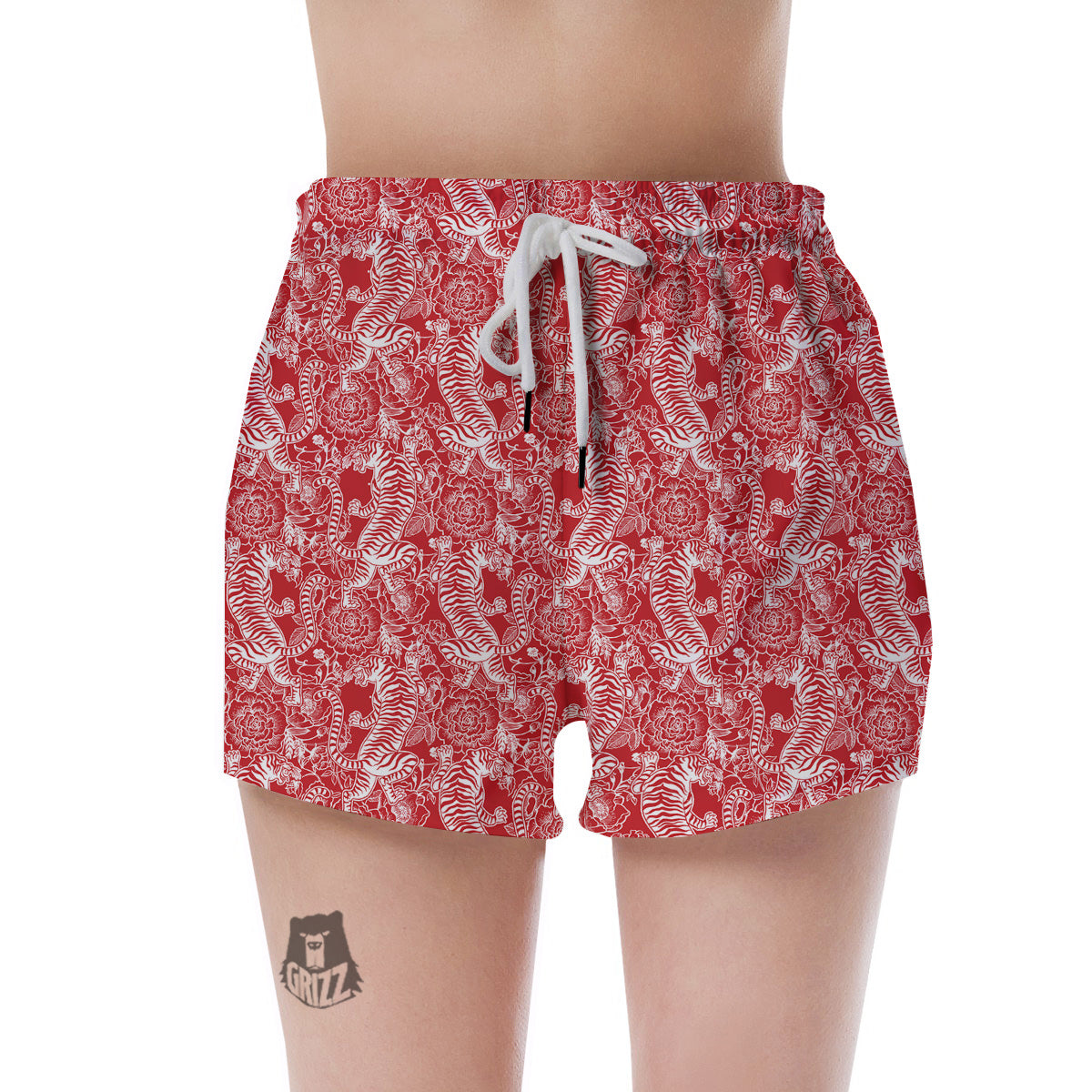 Red And White Chinese Tiger Print Pattern Women's Shorts-grizzshop