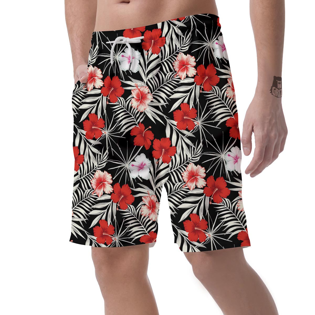 Red And White Hibiscus Flowers Hawaiian Print Men's Shorts-grizzshop