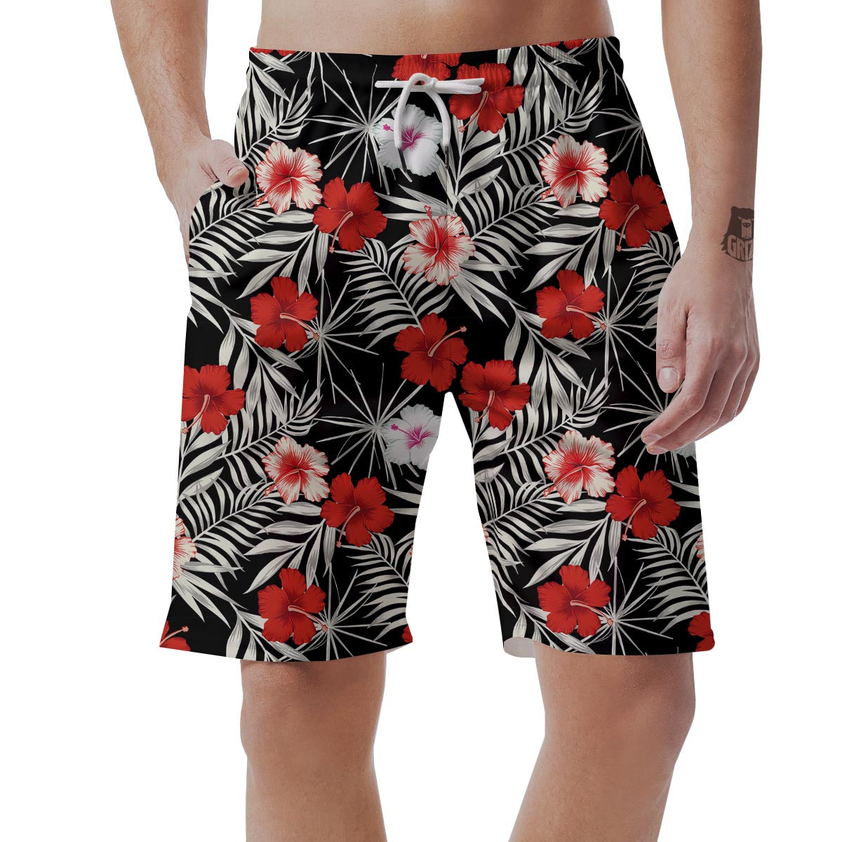 Red And White Hibiscus Flowers Hawaiian Print Men's Shorts-grizzshop