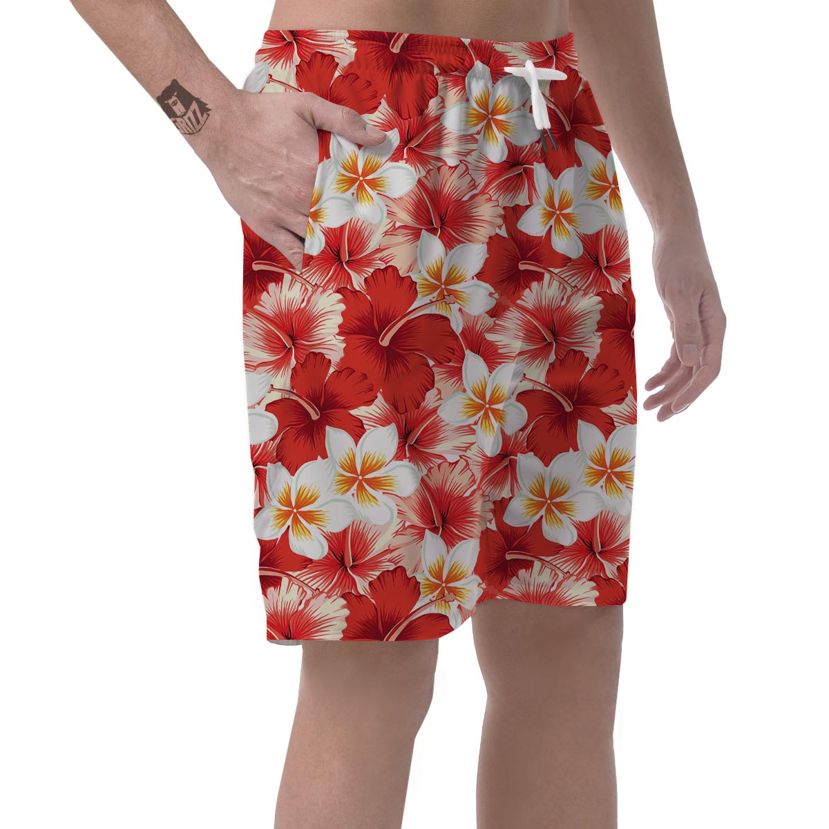 Red And White Hibiscus Hawaiian Print Men's Shorts-grizzshop