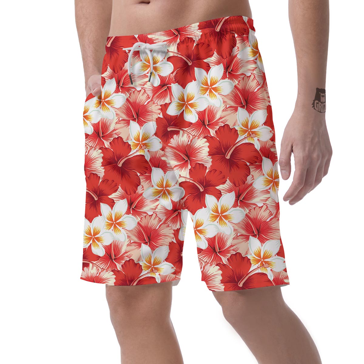 Red And White Hibiscus Hawaiian Print Men's Shorts-grizzshop