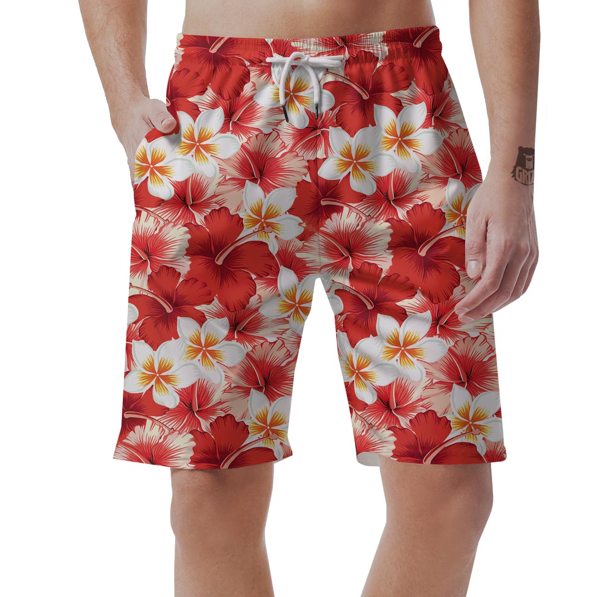 Red And White Hibiscus Hawaiian Print Men's Shorts-grizzshop