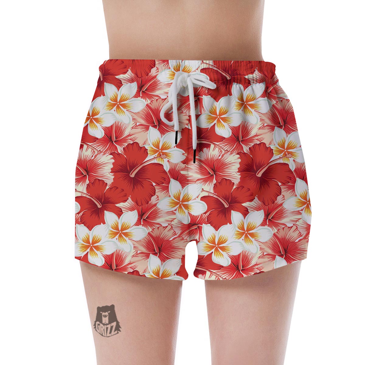 Red And White Hibiscus Hawaiian Print Women's Shorts-grizzshop