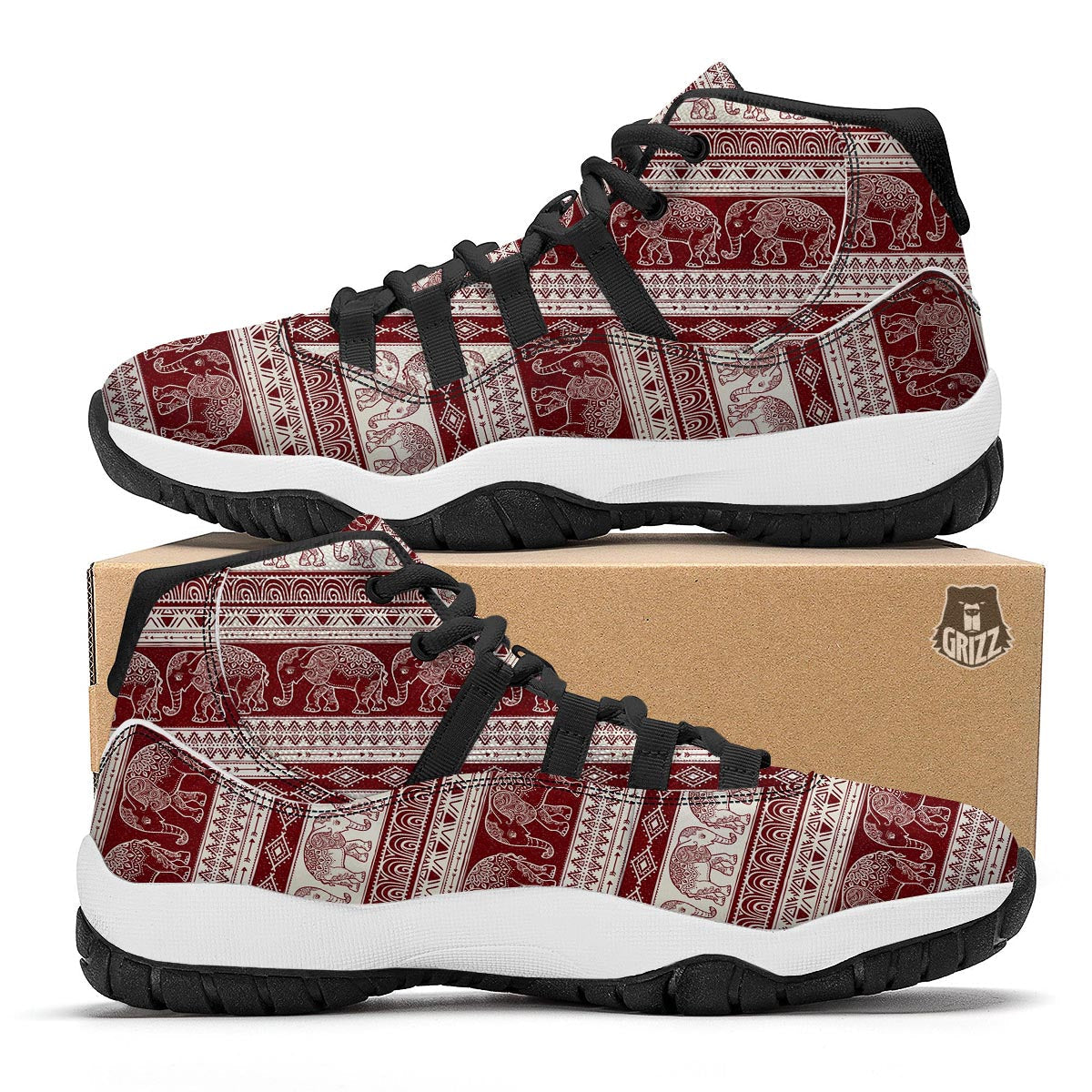 Red Aztec Elephant Pattern Print Black Bball Shoes-grizzshop