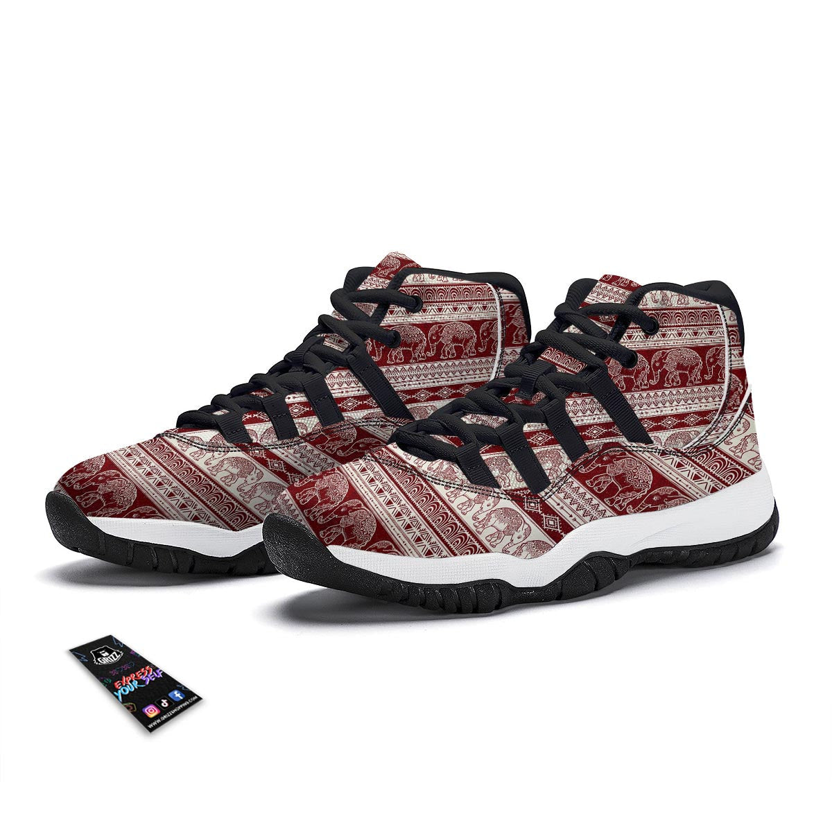 Red Aztec Elephant Pattern Print Black Bball Shoes-grizzshop