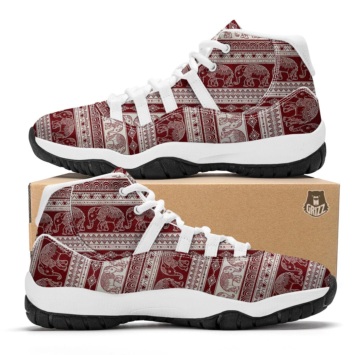 Red Aztec Elephant Pattern Print White Bball Shoes-grizzshop