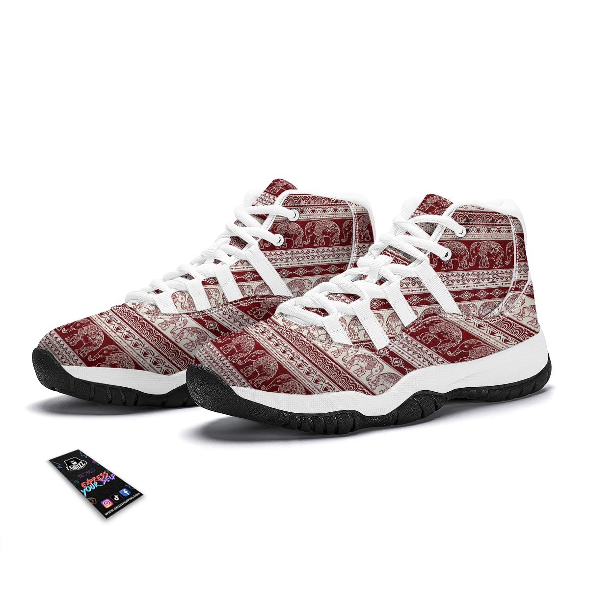 Red Aztec Elephant Pattern Print White Bball Shoes-grizzshop