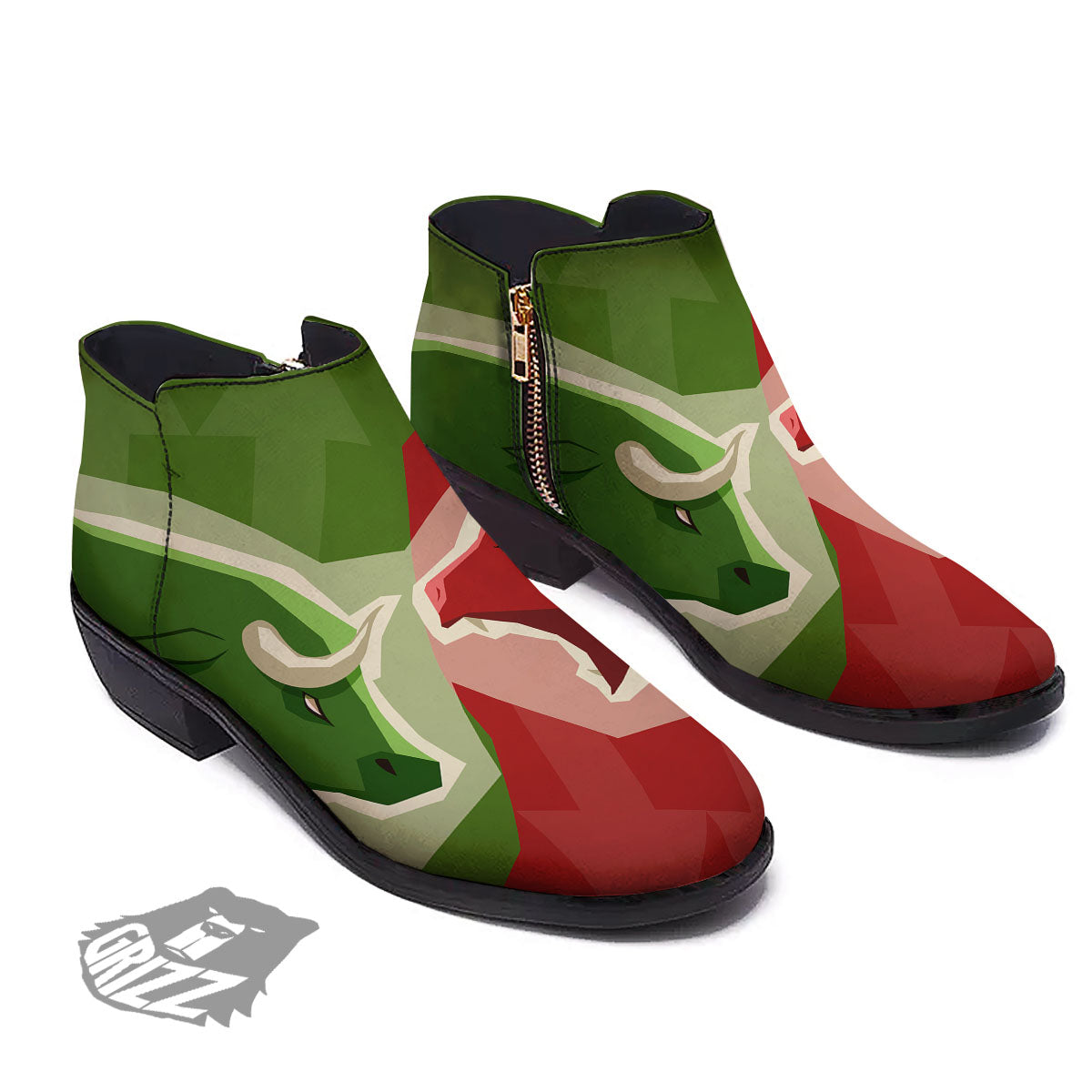 Red Bear And Green Bull Stock Print Ankle Boots-grizzshop