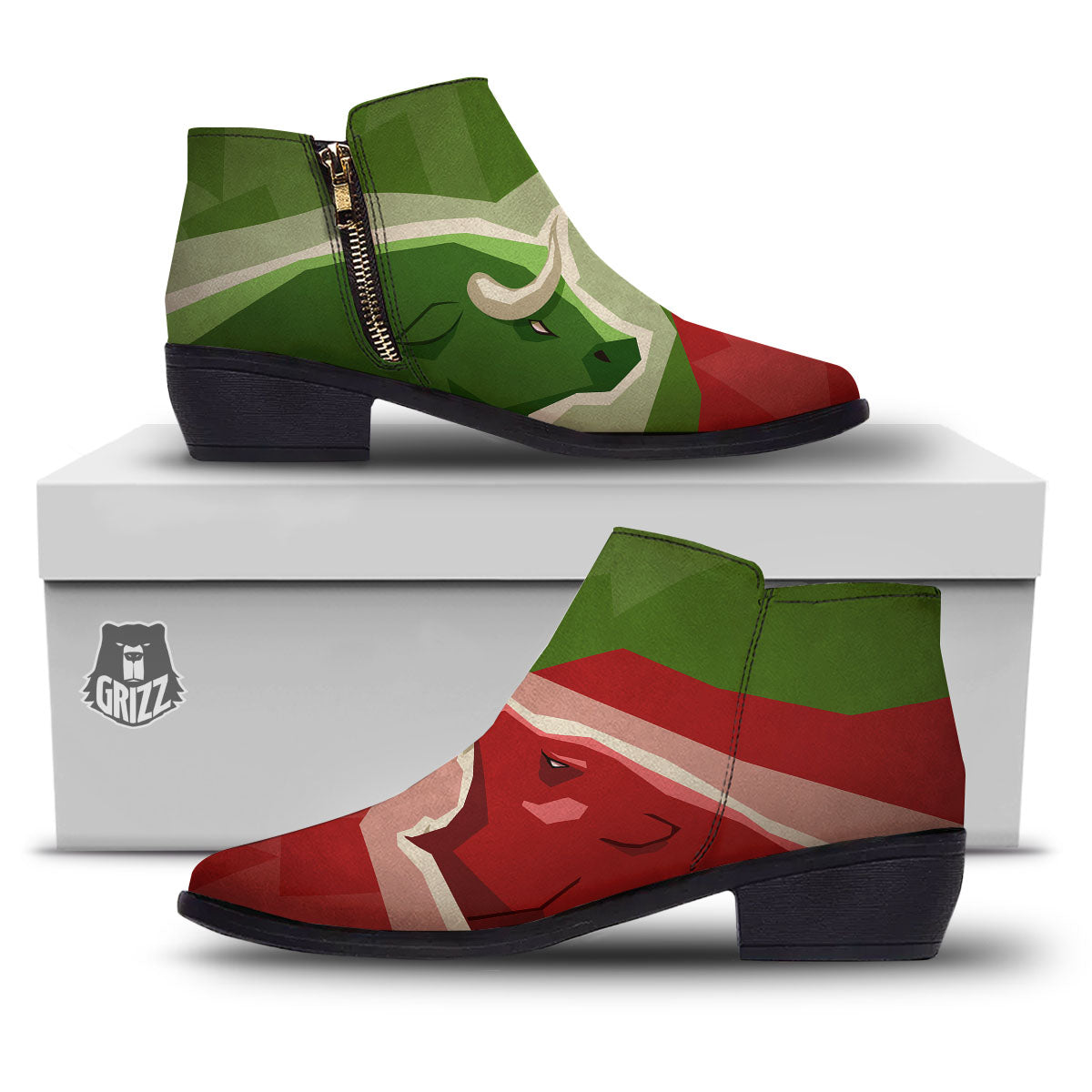 Red Bear And Green Bull Stock Print Ankle Boots-grizzshop