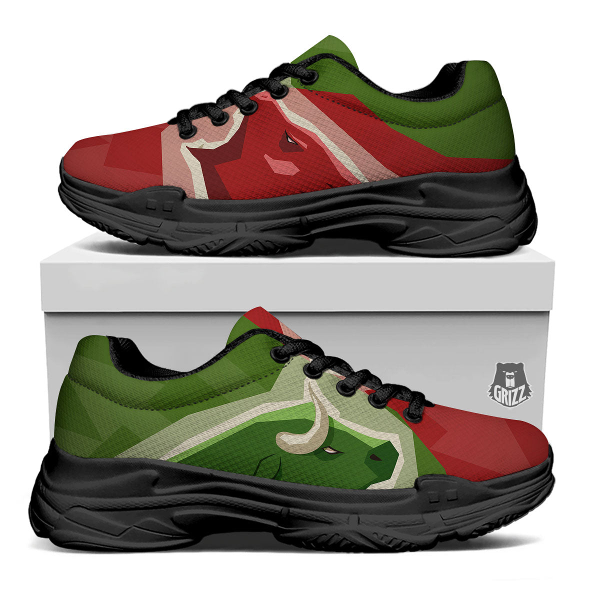 Red Bear And Green Bull Stock Print Black Chunky Shoes-grizzshop
