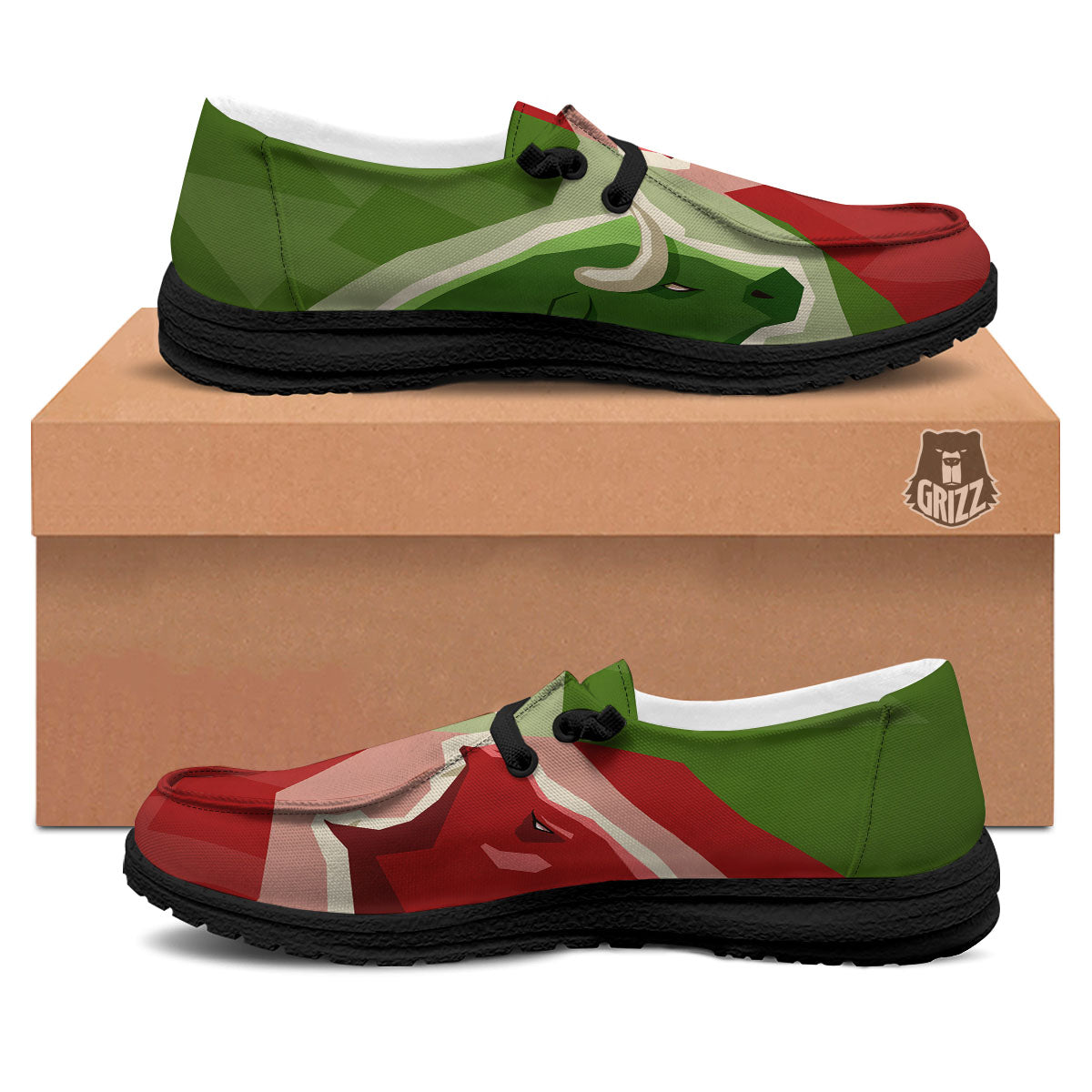 Red Bear And Green Bull Stock Print Black Loafers-grizzshop