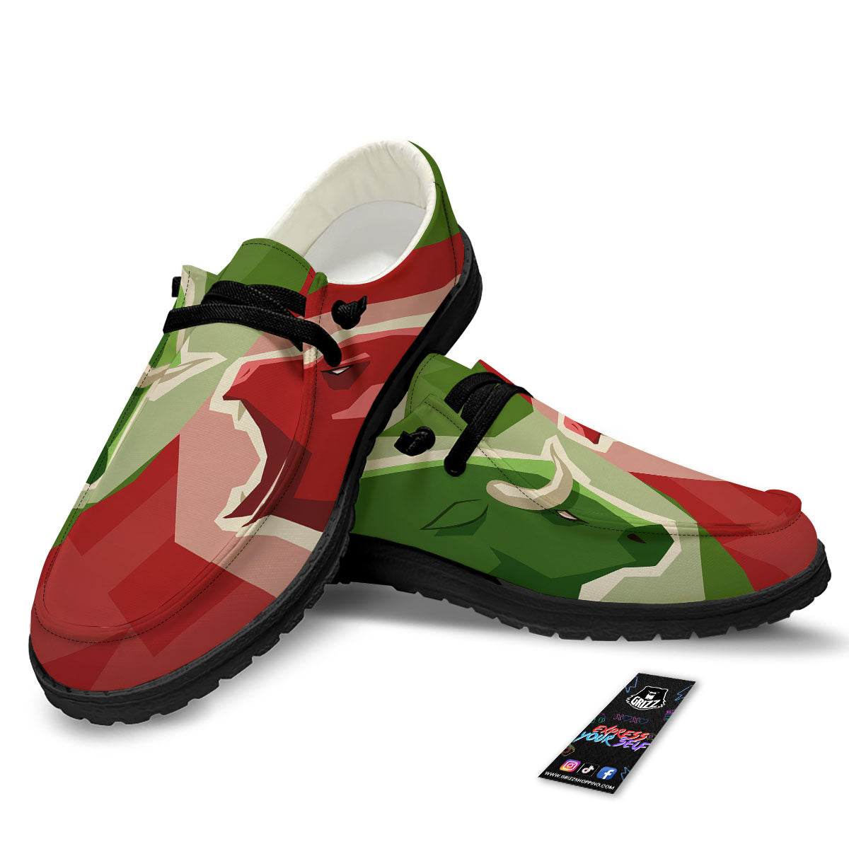 Red Bear And Green Bull Stock Print Black Loafers-grizzshop