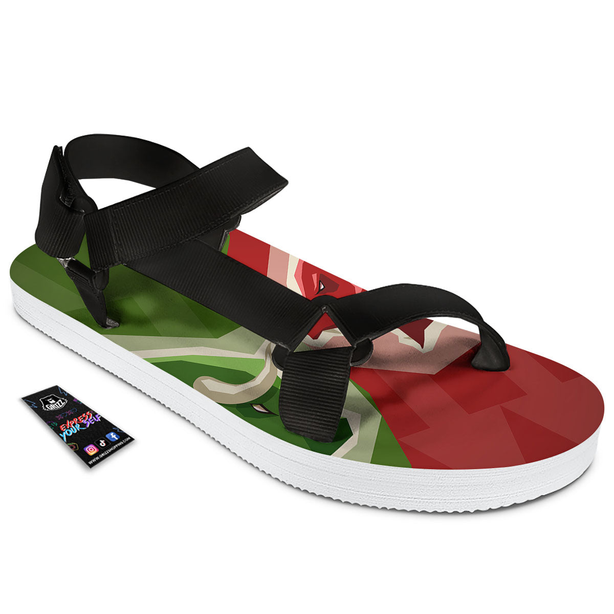 Red Bear And Green Bull Stock Print Black Open Toe Sandals-grizzshop