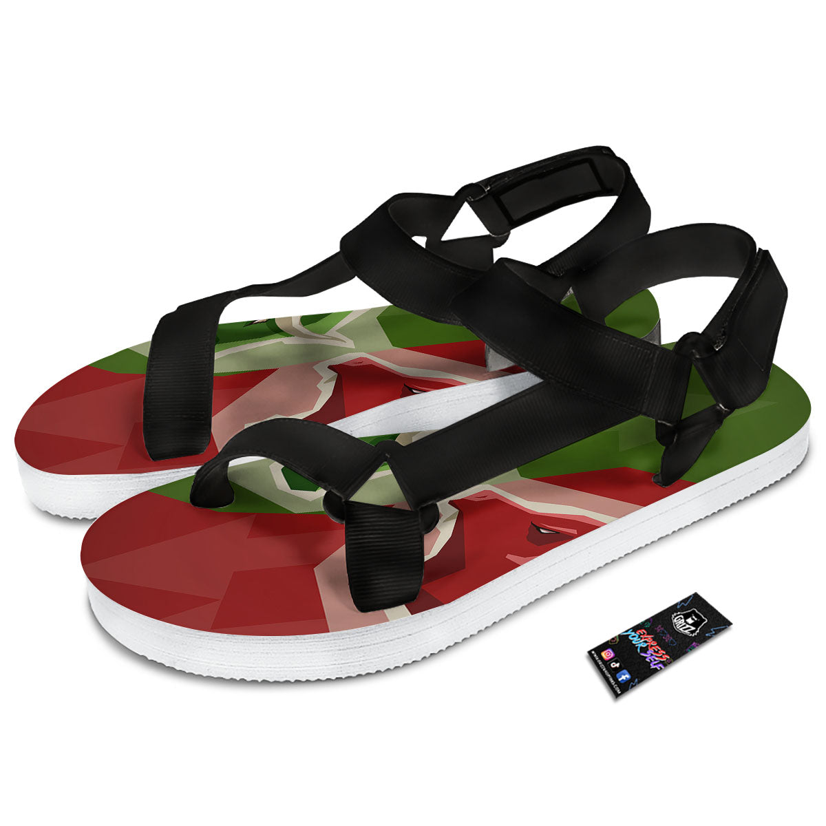 Red Bear And Green Bull Stock Print Black Open Toe Sandals-grizzshop