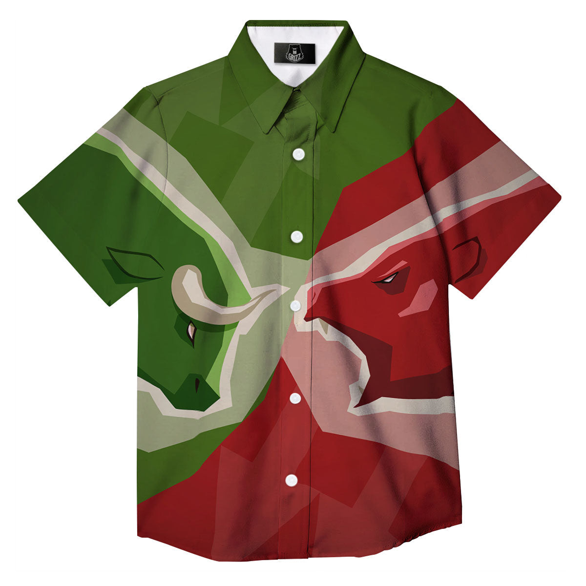 Red Bear And Green Bull Stock Print Button Up Shirt-grizzshop
