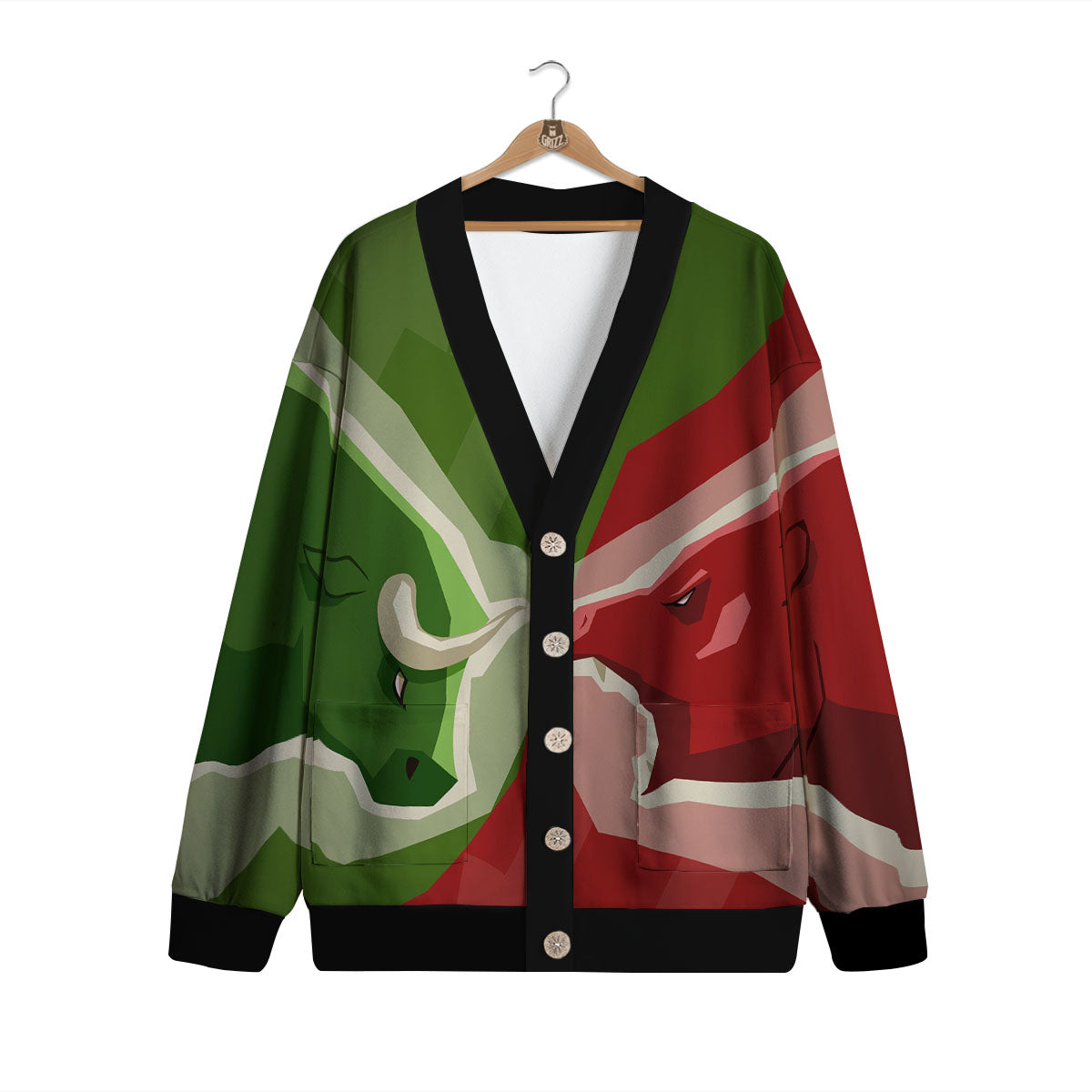 Red Bear And Green Bull Stock Print Cardigan-grizzshop