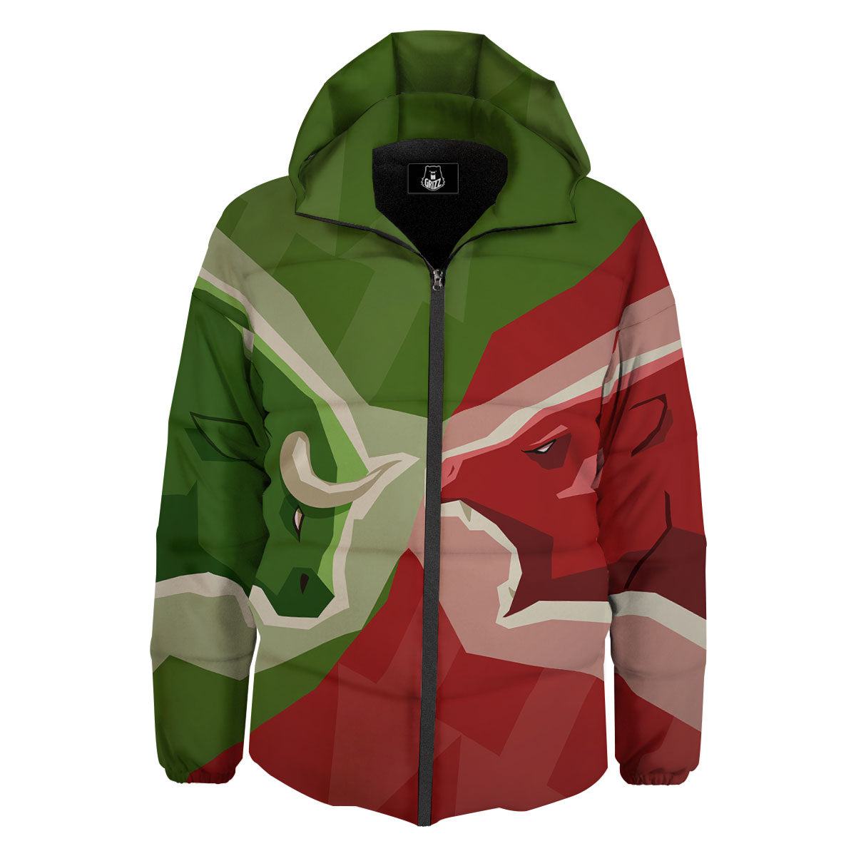 Red Bear And Green Bull Stock Print Down Jacket-grizzshop