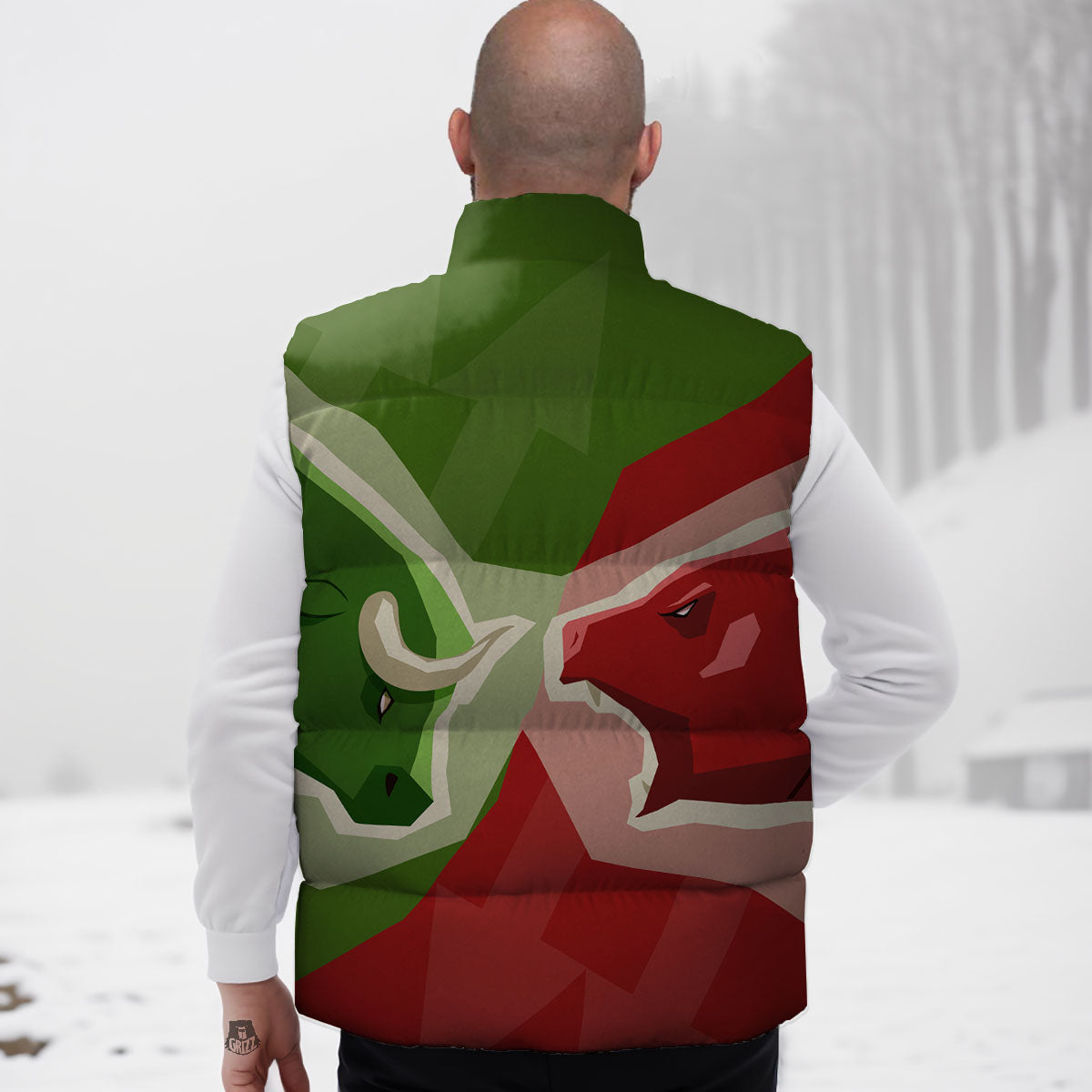 Red Bear And Green Bull Stock Print Down Vest