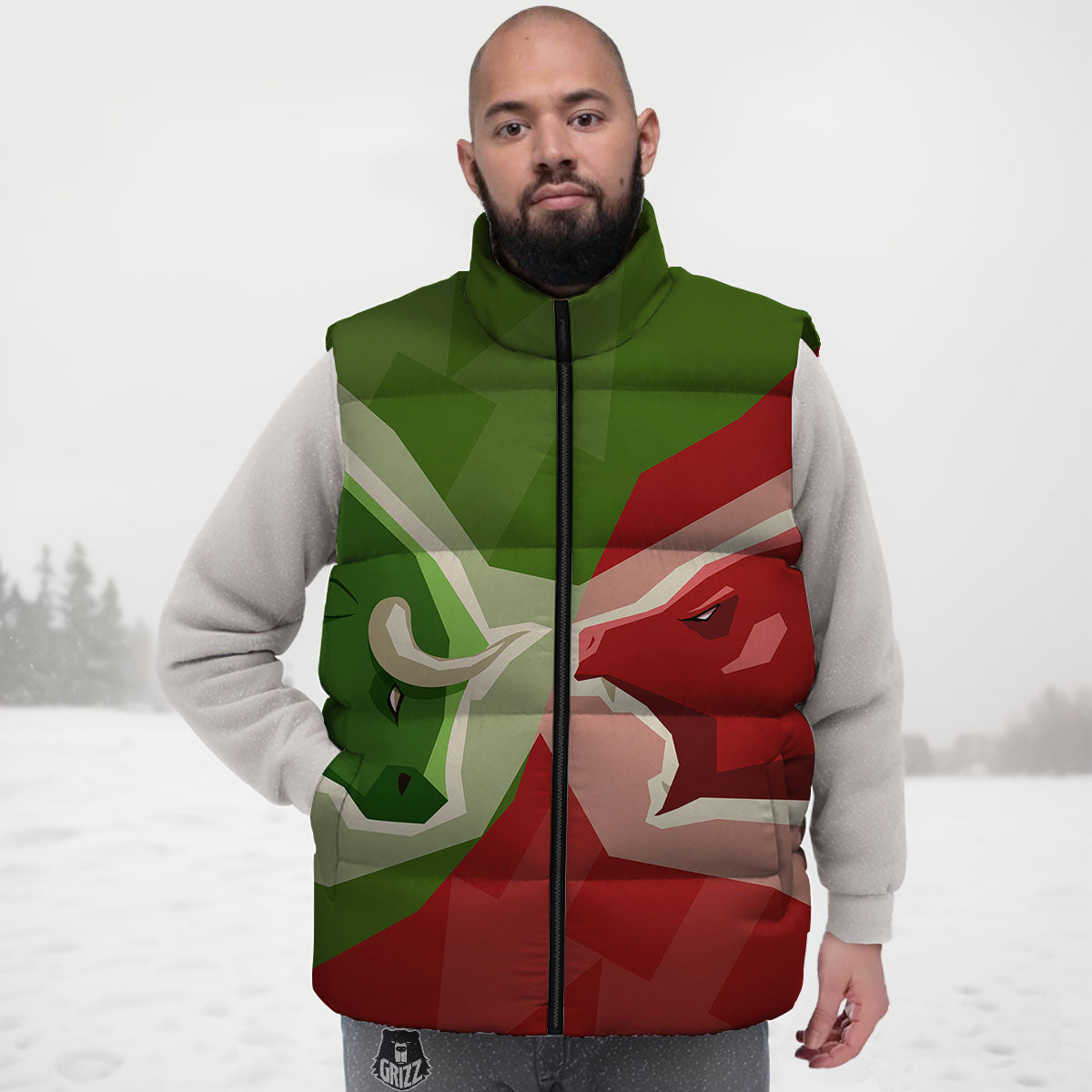 Red Bear And Green Bull Stock Print Down Vest
