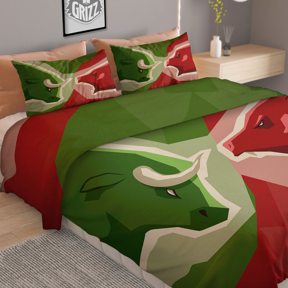 Red Bear And Green Bull Stock Print Duvet Cover Bedding Set
