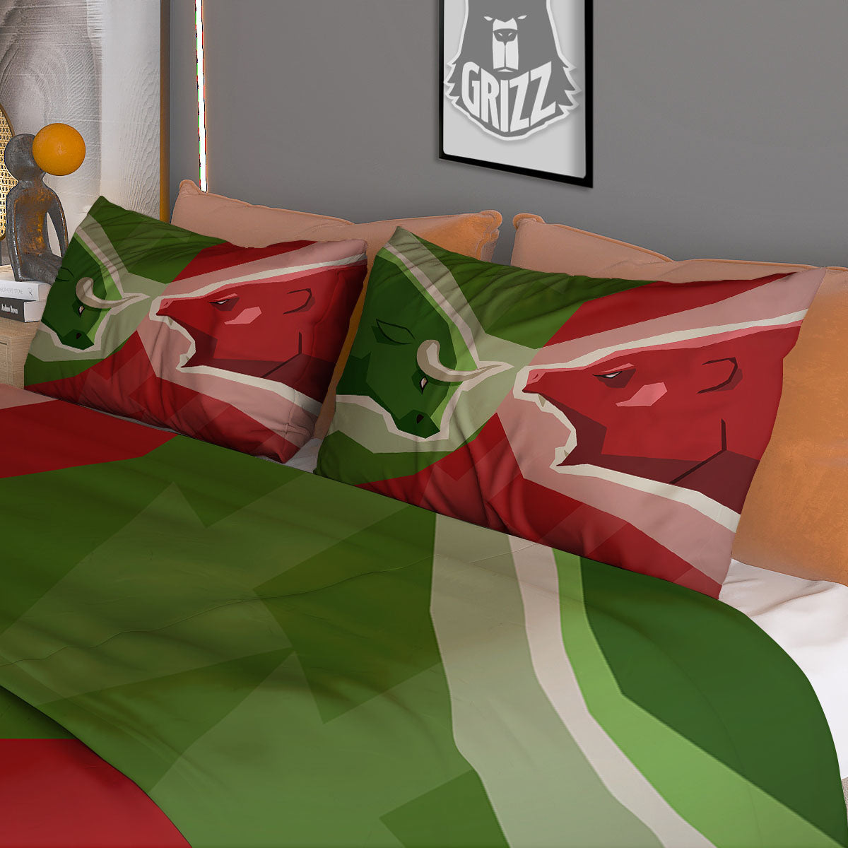 Red Bear And Green Bull Stock Print Duvet Cover Bedding Set
