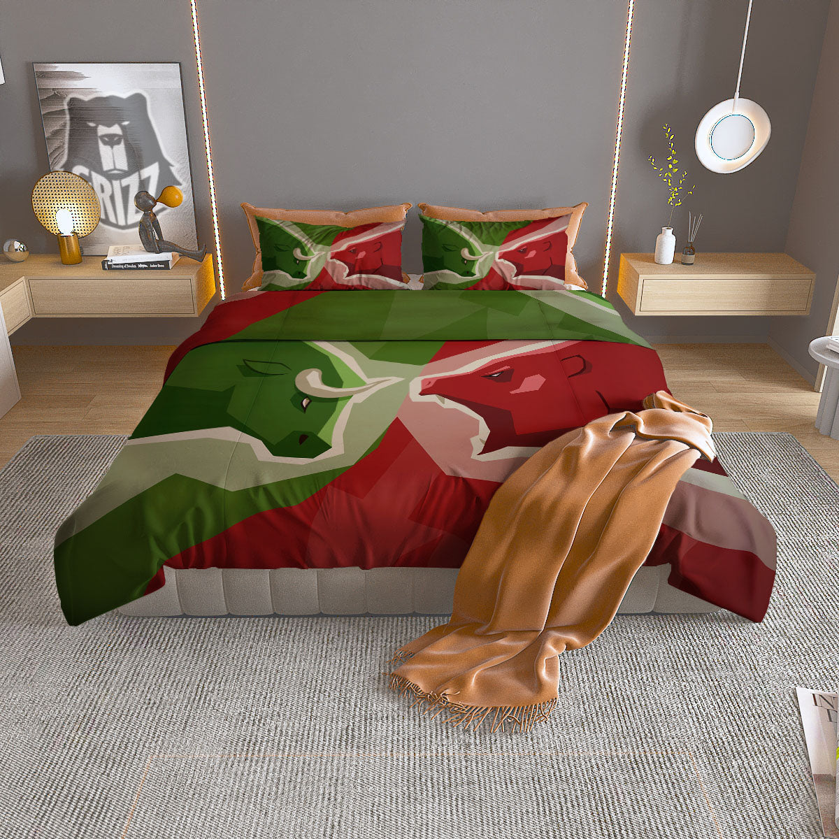 Red Bear And Green Bull Stock Print Duvet Cover Bedding Set