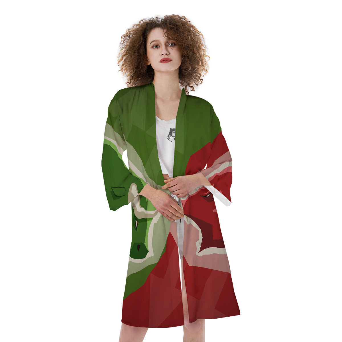 Red Bear And Green Bull Stock Print Kimono-grizzshop