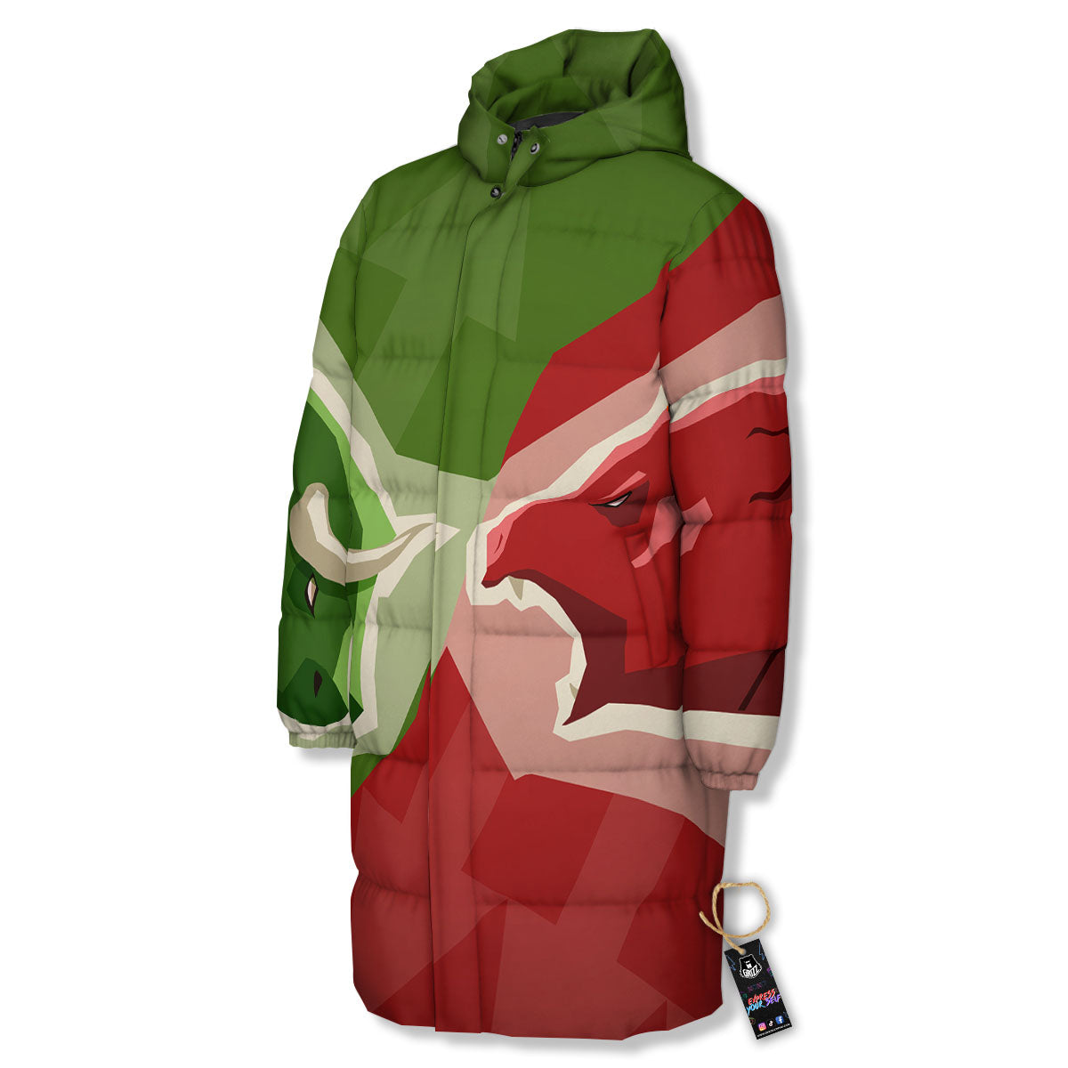 Red Bear And Green Bull Stock Print Long Down Jacket-grizzshop