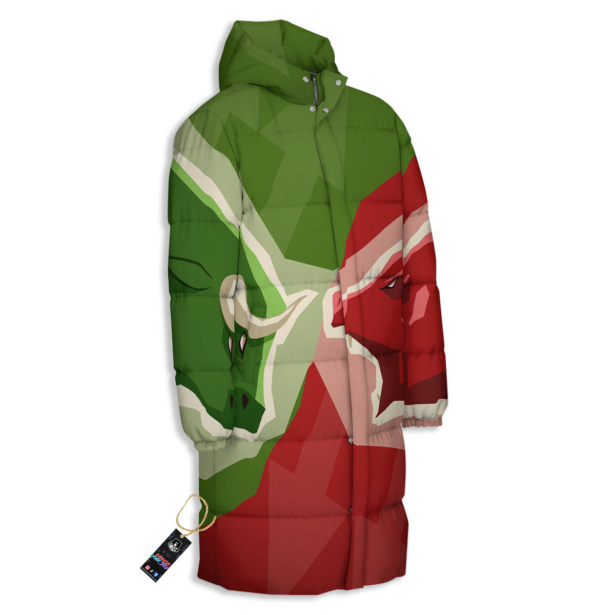 Red Bear And Green Bull Stock Print Long Down Jacket-grizzshop