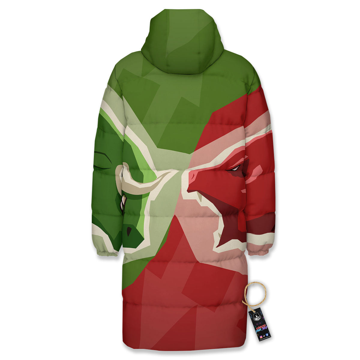 Red Bear And Green Bull Stock Print Long Down Jacket-grizzshop