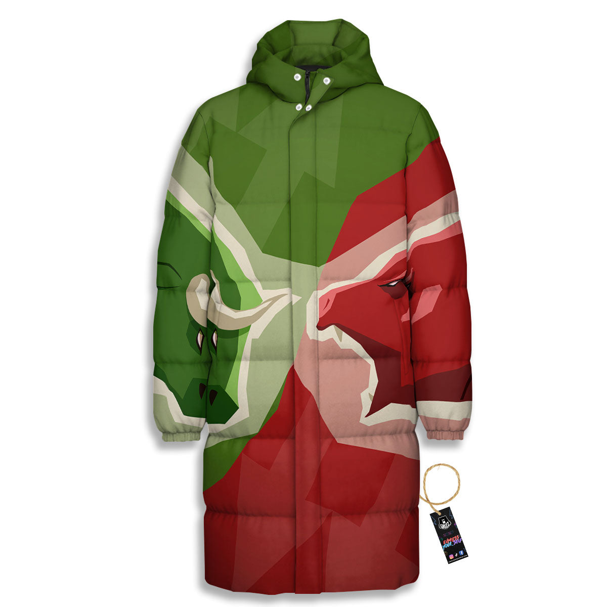 Red Bear And Green Bull Stock Print Long Down Jacket-grizzshop