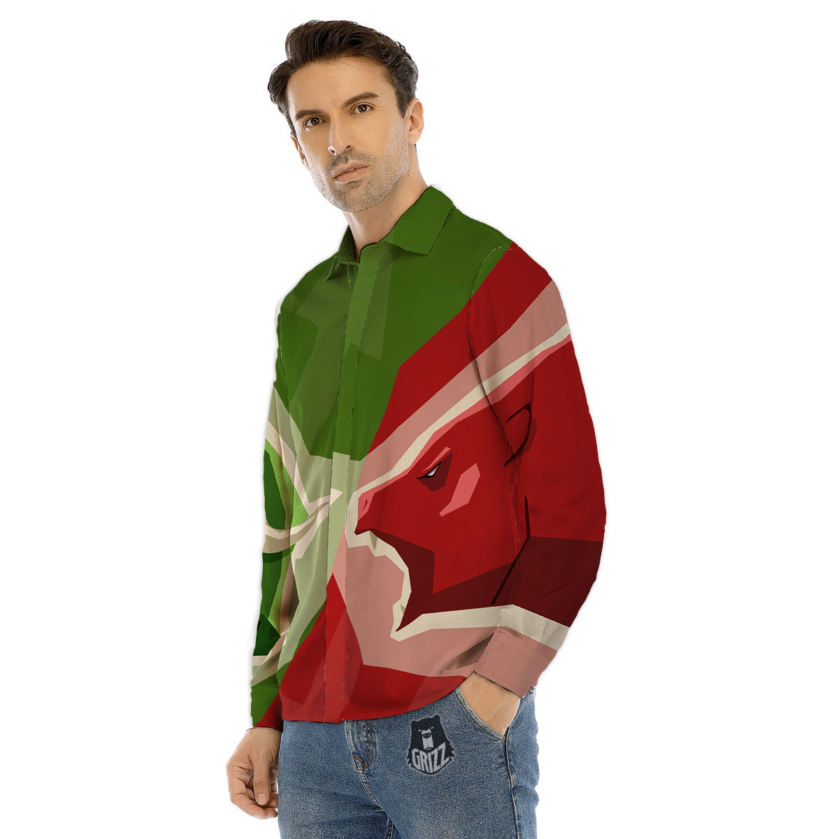 Red Bear And Green Bull Stock Print Men's Dress Shirts-grizzshop