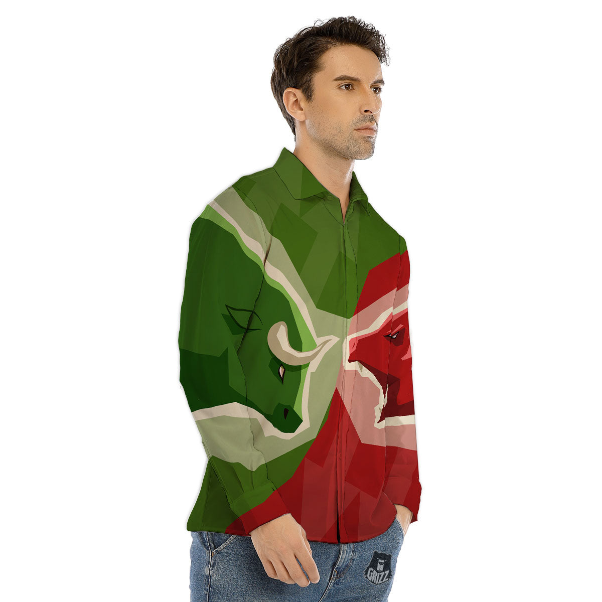 Red Bear And Green Bull Stock Print Men's Dress Shirts-grizzshop